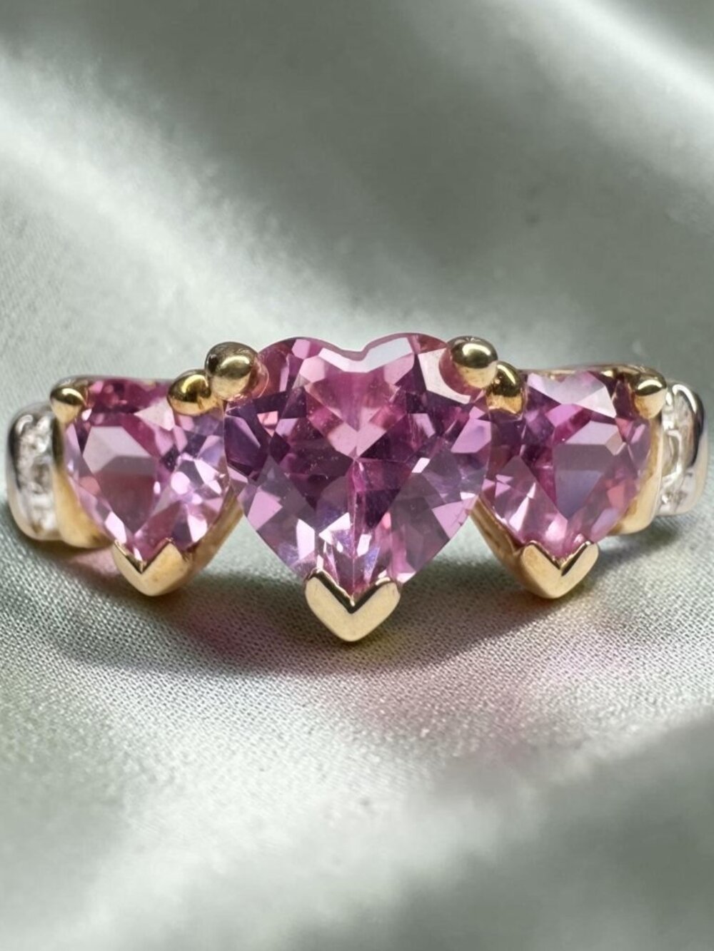 10K Gold Heart Pink Sapphire Diamond Ring Three Stone Size 7 Promise Ring 1.6g